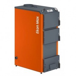 Katilas kieto kuro EKON MAX 40E 40 kW didesnė pakura, šilumokaitis, valdiklis ir orapūtė